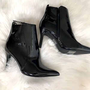 patent heeled booties